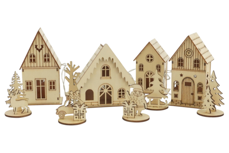 Village de Noël en bois + éclairage LED - 10 pcs - Crèches et villages de Noël – 10doigts.fr