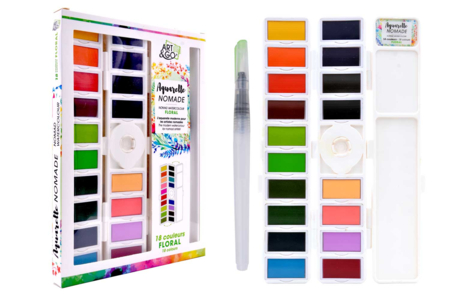 Set aquarelle nomade ART & GO, 18 couleurs Floral + pinceau à réservoir - Couleurs aquarelle – 10doigts.fr