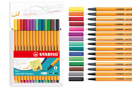 Stabilo Point 88 (pointe fine) - 15 couleurs + cadeau - Feutres pointes fines – 10doigts.fr