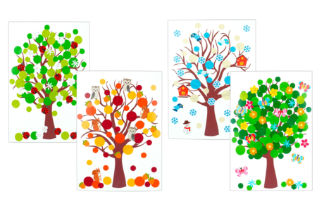 Kit gommettes arbres 4 saisons - 4 Cartes à décorer - Gommettes Pédagogiques – 10doigts.fr