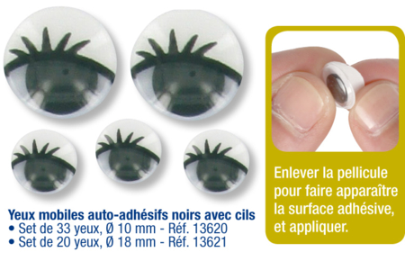 Yeux mobiles adhésifs à pupille noire avec cils - 10doigts.fr