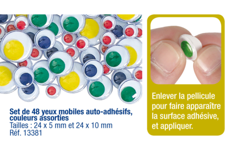 Yeux mobiles colorés adhésifs - Set de 48 - Yeux à coller et à piquer – 10doigts.fr