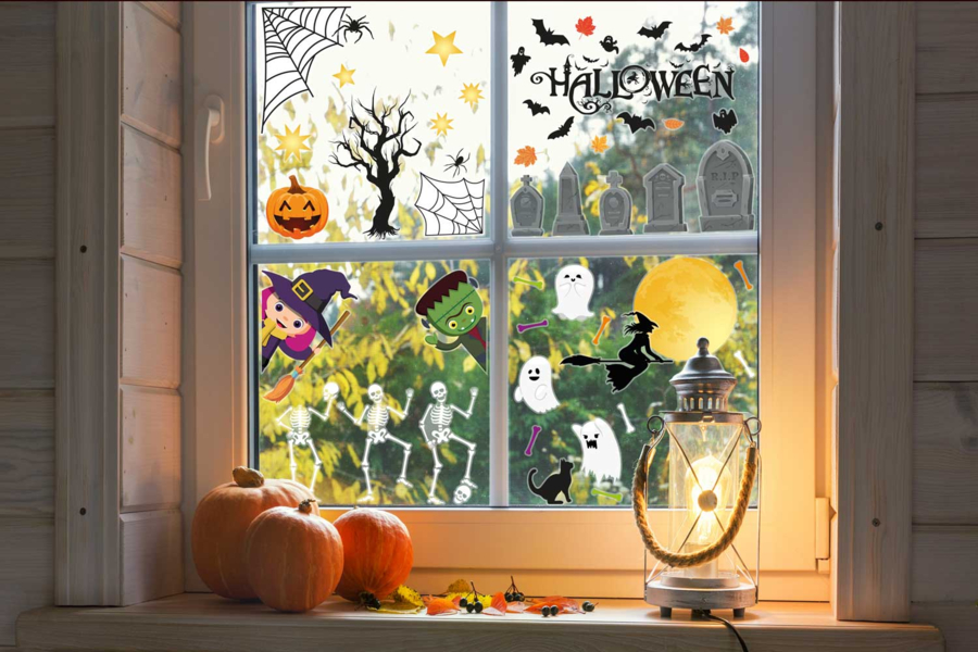 8 Stickers Fenêtre Halloween Électrostatiques - Sorcières, Chauves-Souris, Citrouilles... - Faciles à Coller/Enlever Sans Résidu - Déco Intérieure Effrayante
