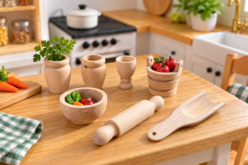 8 ustensiles cuisine miniatures bois  - Univers Miniature : maison de poupée et miniatures - 10doigts.fr