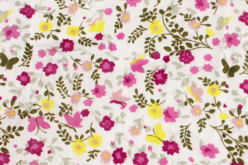 Coupon en coton imprimé : fleurs jaunes et mauves + fond blanc - Coton, lin – 10doigts.fr