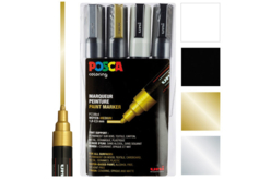 Pochette de 4 marqueurs POSCA pointes moyennes (1,8 à 2,5 mm) : or, argent, noir, blanc