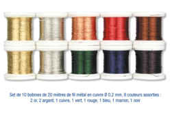 Set de 10 bobines de 20 mètres de fil métallique ø 0,2 mm, couleurs assorties : 2 or, 2 argent, 1 cuivre, 1 rouge, 1 vert, 1 marron, 1 bleu, 1 noir