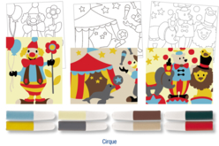 Set de 3 cartes sable assorties CIRQUE + 8 tubes de sable, couleurs assorties