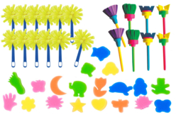 Mega lot 34 accessoires peinture : 6 brosses éponge + 8 brosses caoutchouc + 20 éponges formes fantaisie - Tampons mousse, éponges – 10doigts.fr