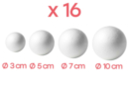 Boules en polystyrène Ø 3, 5, 7 et 10 cm - Set de 16 (4 boules par taille) - Boules en polystyrène - 10doigts.fr