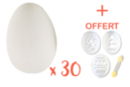 Grands oeufs en plastique blanc 6 x 4,5 cm - Lot de 30 + CADEAU de 3 pochoirs pour oeufs - Plastique Opaque 13056 - 10doigts.fr