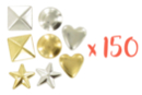 Clous formes assorties ( pyramides, ronds, étoiles, coeurs) or et argent - 150 clous assortis - Strass et clous 19359 - 10doigts.fr