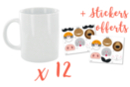 12 Mugs en porcelaine blanche + 12 stickers Animaux offerts - Supports en Céramique 44160 - 10doigts.fr