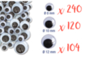 Yeux mobiles noirs :  Ø 8 mm (x 240) + Ø 1 cm (x 120) + Ø 1,2 cm (x 104) - 464 yeux - Yeux mobiles - 10doigts.fr