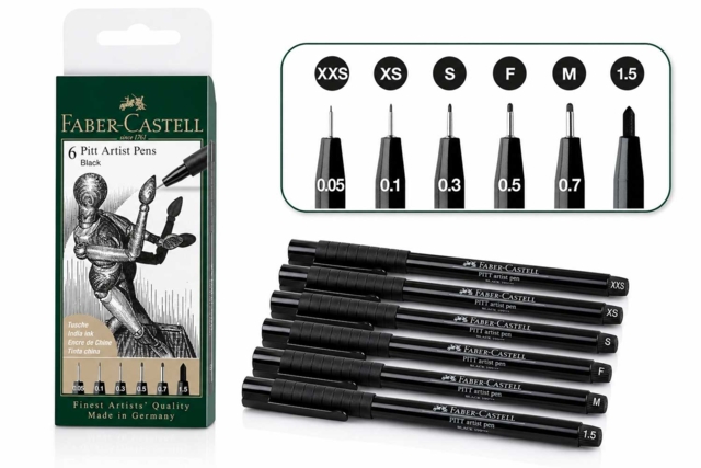 6 feutres Pitt Artist Pen noirs, Faber-Castell (0,05 à 1,5 mm) - Feutres calibrés et fineliners pour le dessin de précision - 10doigts.fr