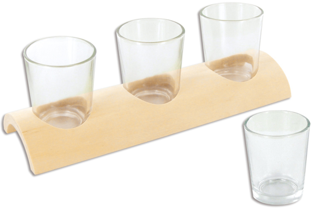 3 photophores en verre avec support en bois demi-rond - Supports en Verre - 10doigts.fr