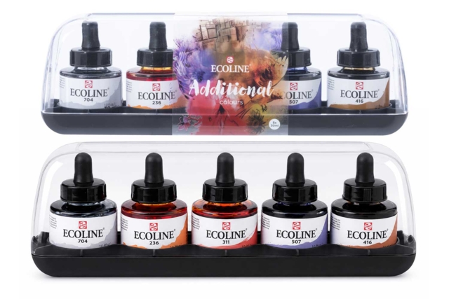 Aquarelle liquide Ecoline - 5 couleurs complémentaires - Encres beaux-arts : encre de Chine et encres acryliques - 10doigts.fr