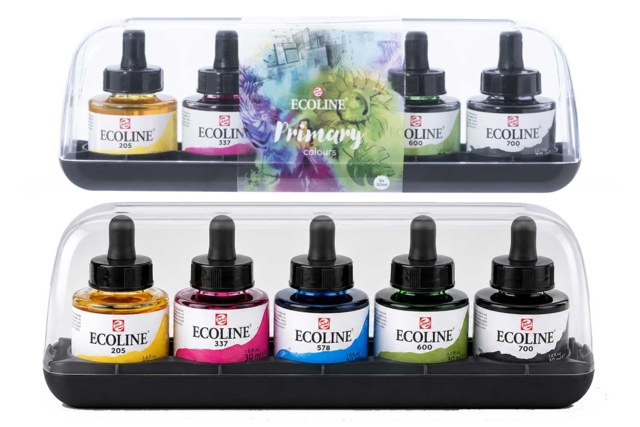 Aquarelle liquide Ecoline - 5 couleurs primaire - Encres beaux-arts : encre de Chine et encres acryliques - 10doigts.fr