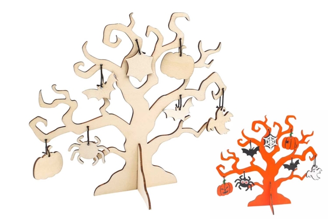 Arbre effrayant et formes en bois  - Supports d'Halloween à décorer - 10doigts.fr