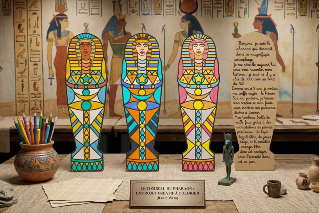 Ateliers Égypte : 2 projets créatifs avec le sarcophage à colorier - Coloriage - 10doigts.fr