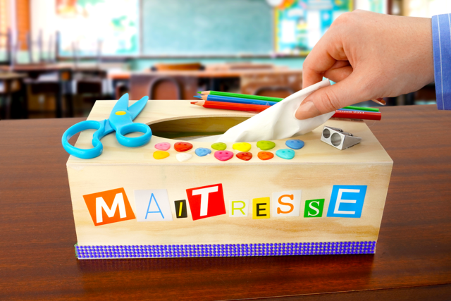 Boite à mouchoirs : Maitresse, Maitre, ATSEM, Nounou, AESH... - Gommettes Alphabet, messages - 10doigts.fr