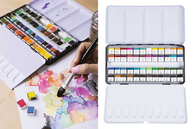 boite aquarelle 48 godets - Peinture aquarelle : palettes, pinceaux et accessoires pour peindre à l'eau - 10doigts.fr