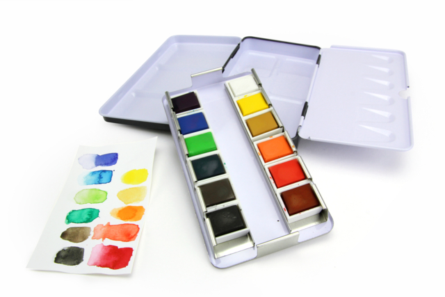 Boite aquarelle de voyage - 12 godets - Peinture aquarelle : palettes, pinceaux et accessoires pour peindre à l'eau - 10doigts.fr