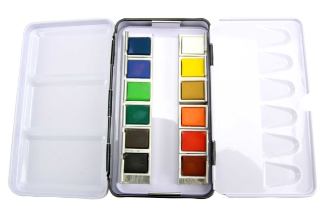 Boite aquarelle de voyage - 12 godets - Peinture aquarelle : palettes, pinceaux et accessoires pour peindre à l'eau - 10doigts.fr