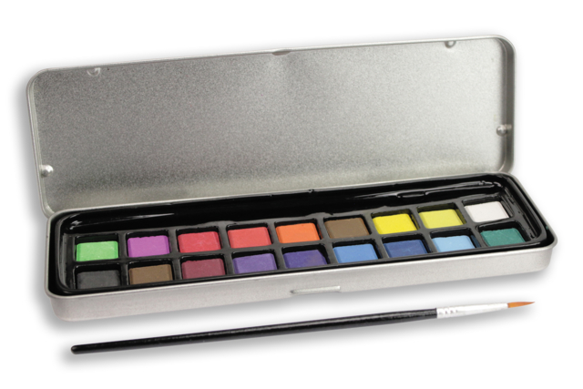 Boite aquarelle + pinceau  - Peinture aquarelle : palettes, pinceaux et accessoires pour peindre à l'eau - 10doigts.fr