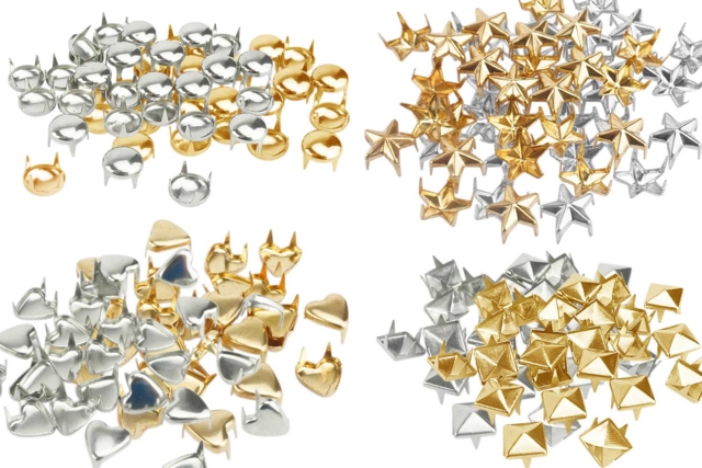 Clous formes assorties ( pyramides, ronds, étoiles, coeurs) or et argent - 150 clous assortis - Clous et rivets - 10doigts.fr