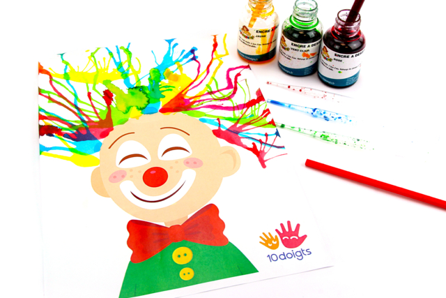 Clown et cheveux à l'encre soufflée - Encres liquides : la pureté de la couleur pour vos dessins - 10doigts.fr
