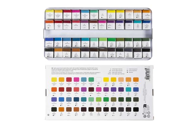 contenu boite aquarelle 48 couleurs - Peinture aquarelle : palettes, pinceaux et accessoires pour peindre à l'eau - 10doigts.fr