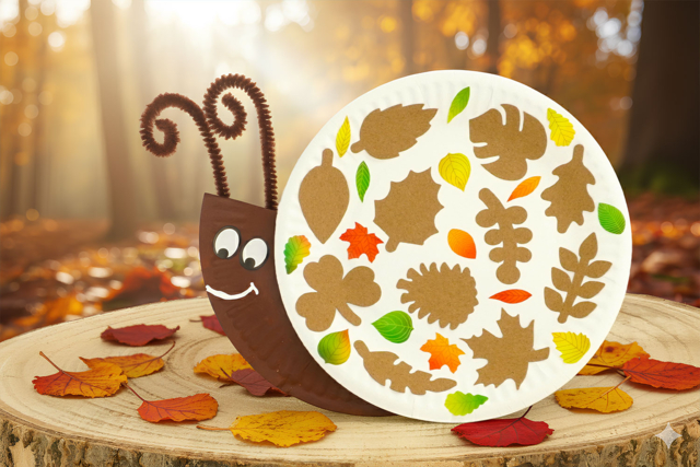Escargot avec des assiettes en carton - Gommettes d’Automne : feuilles, arbres et activités créatives pour enfants - 10doigts.fr