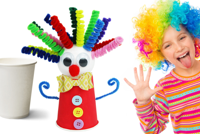 Fabriquer un clown rigolo avec un gobelet en carton - Stickers fantaisies : personnalisez toutes vos créations - 10doigts.fr