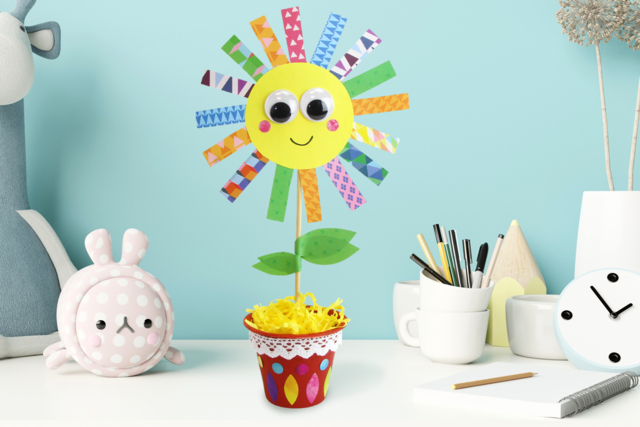 Fleur multicolore en pot - Yeux mobiles - 10doigts.fr