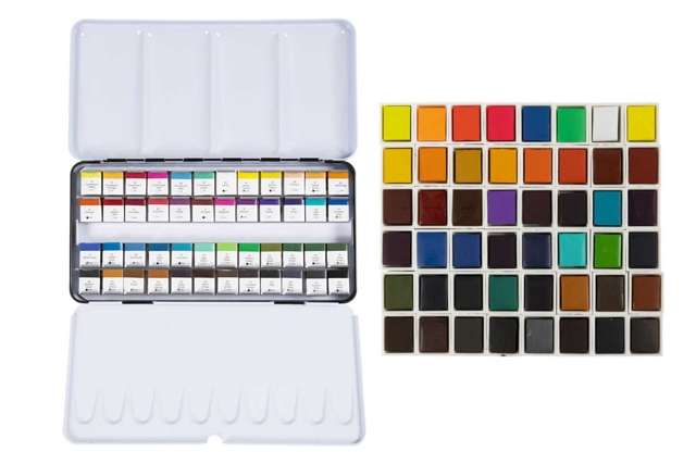 grande boite aquarelle demi-godets - Peinture aquarelle : palettes, pinceaux et accessoires pour peindre à l'eau - 10doigts.fr