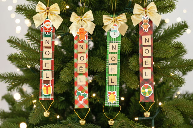 Kit de 4 suspensions de Noël avec lettres en bois - Kits créatifs de Noël pour les enfants - 10doigts.fr