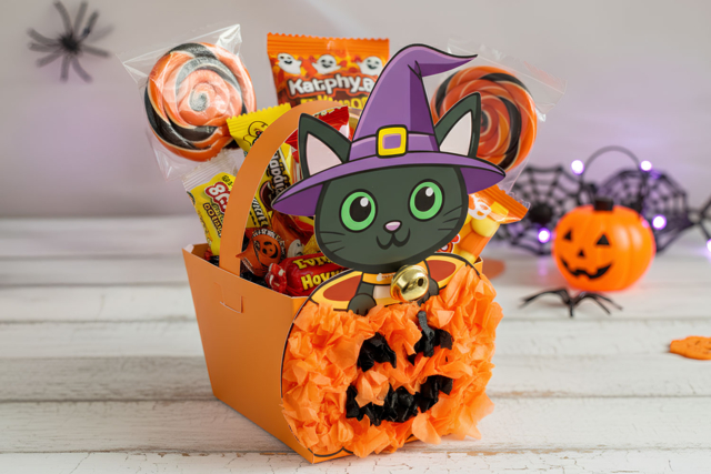 Kit paniers chat citrouille à monter - 4 pièces - Sacs à bonbons Halloween - 10doigts.fr