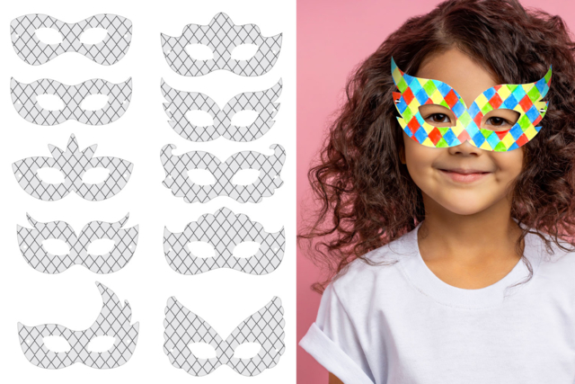 masques arlequin à colorier - Masques créatifs enfants - 10doigts.fr