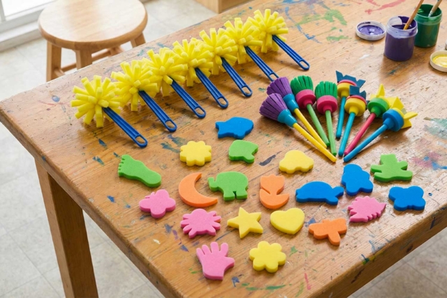 Mega lot 34 accessoires peinture : 6 brosses éponge + 8 brosses caoutchouc + 20 éponges formes fantaisie - Tampons mousse, éponges - 10doigts.fr