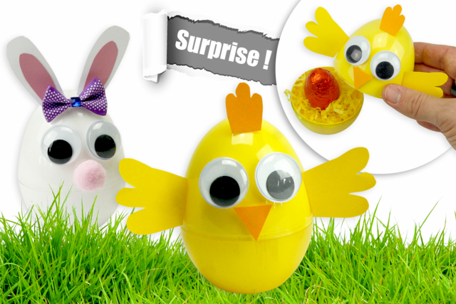 Oeufs surprises de Pâques : poussin et lapin - Papiers colorés - 10doigts.fr