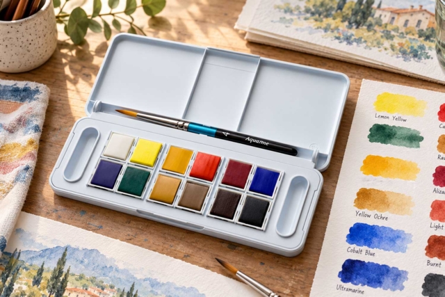 Palette Aquafine Daler-Rowney, 12 demi-godets et pinceau de voyage - Couleurs aquarelle - 10doigts.fr