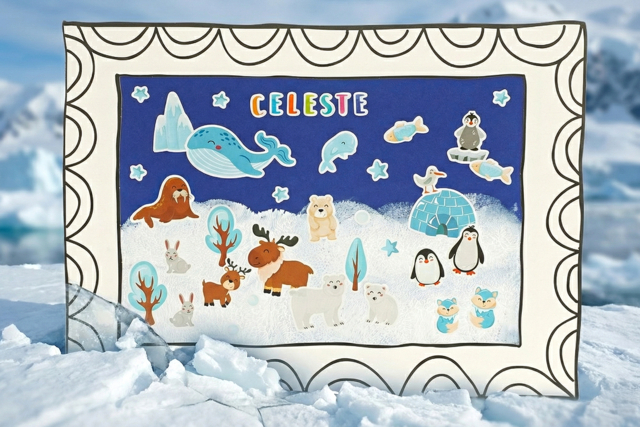 Peinture au ballon et gommettes : la banquise - Cadres en carton - 10doigts.fr