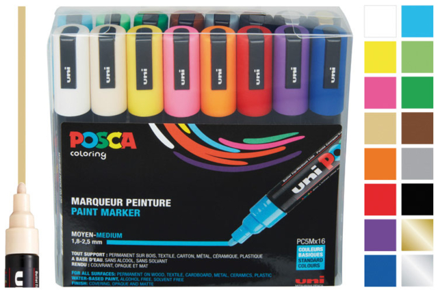 Pochette de 16 marqueurs POSCA pointes moyennes (1,8 à 2,5 mm) - couleurs vives assorties - Marqueurs POSCA : la référence mondiale de la peinture nomade - 10doigts.fr