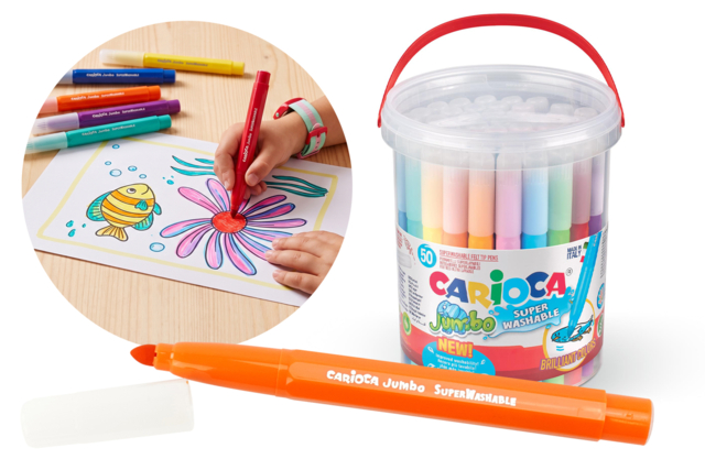 Pot de 50 feutres Carioca Jumbo - Feutres pointes larges : pour des coloriages éclatants et des aplats parfaits - 10doigts.fr