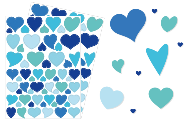 Set de 2 planches de gommettes coeurs Déco camaieu de bleus - Gommettes cœur : des cœurs adhésifs pour vos activités créatives - 10doigts.fr