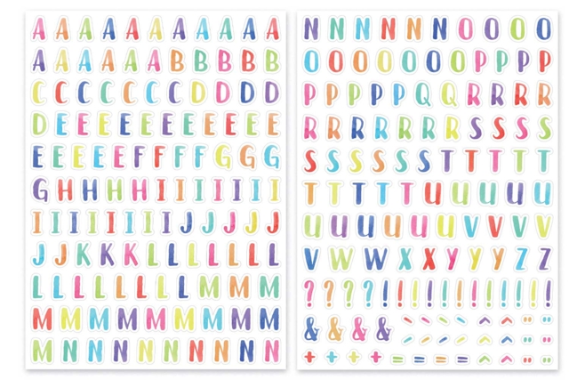 Set de 256 gommettes alphabet aquarelle (2 planches) - Gommettes Alphabet, messages - 10doigts.fr