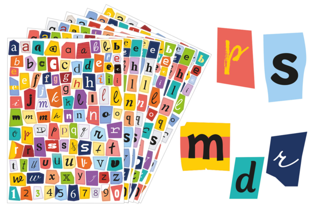 Set de 6 planches de gommettes alphabet magazine minuscules - Gommettes Alphabet, messages - 10doigts.fr