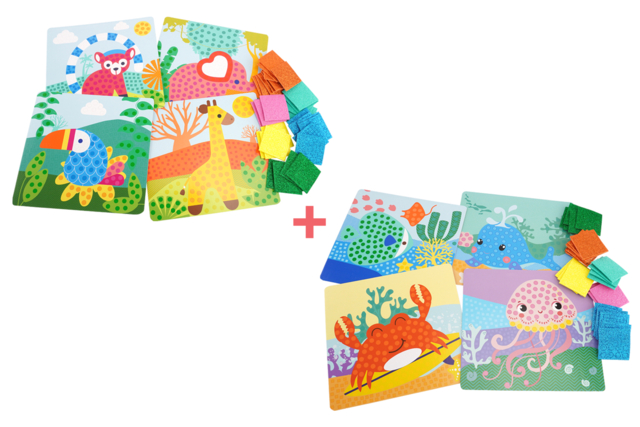 Set de 8 tableaux gommettes mosaiques animaux - Kits créatifs avec gommettes : le plein d’idées pour les petits artistes - 10doigts.fr
