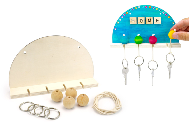 Support mural arrondi + 4 porte-clés à monter - Objets bois pour la maison - 10doigts.fr